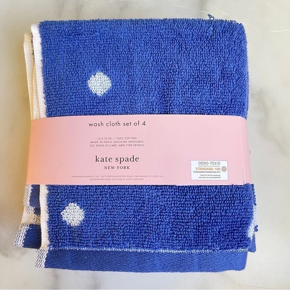 Kate Spade Washcloths Bright Blue white polka dots Set of 4 NWT